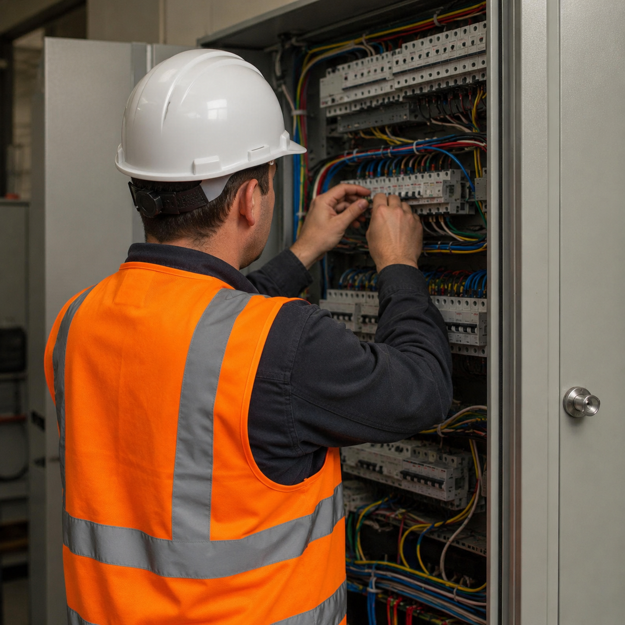 Électricien professionnel intervenant sur un tableau électrique
